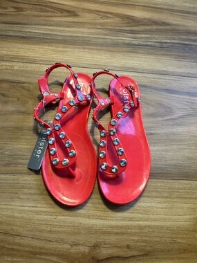 Orange/Red Rhinestone Studded Thong Style Sandals - Women's Fashion Sandals